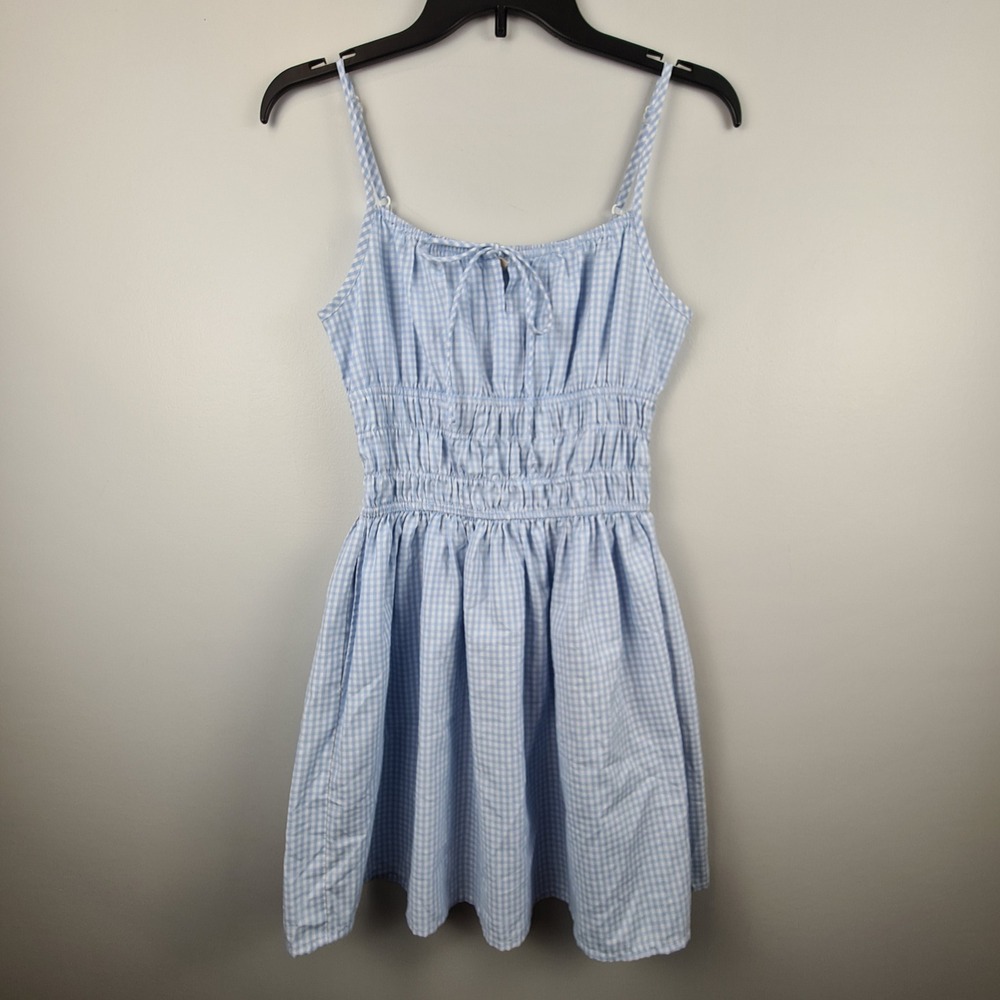Sim & Sam Blue Gingham Smocked Waist Sun Dress Womens Small Spaghetti Strap